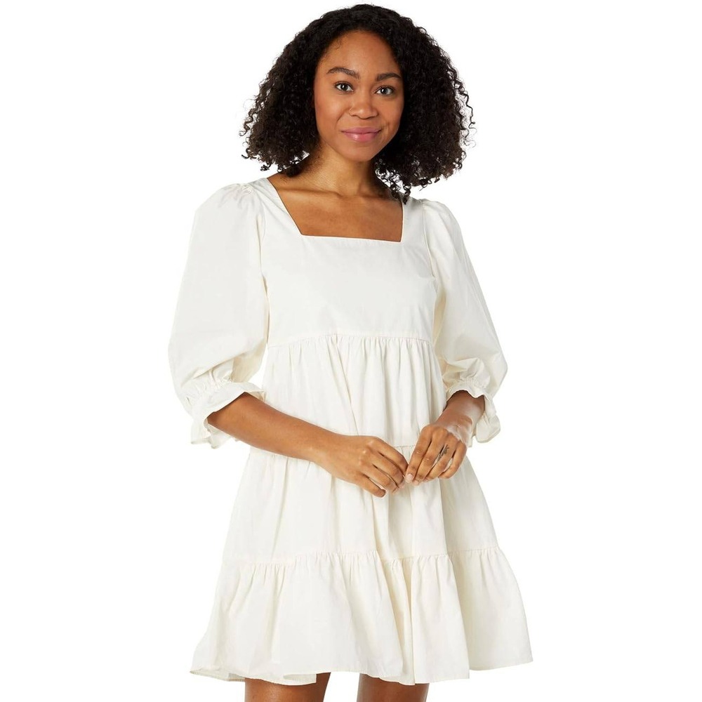 MADEWELL Lizzie Poplin Off White Puff-Sleeve Cotton Tiered Mini Dress Size 12
